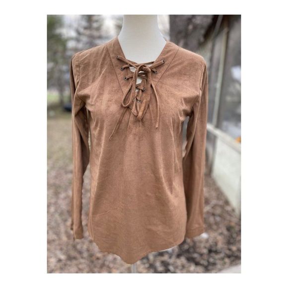 Bill Blass Vintage 90s Faux Suede Western Shirt Lace Up Neckline Long Sleeve S - Picture 3 of 10